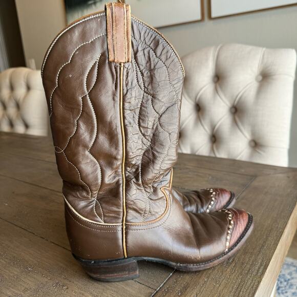 VTG Tony Lama Two Tone Lizard Wingtip Two Tone Cowgirl Rodeo Western Boots 6B - Picture 1 of 12